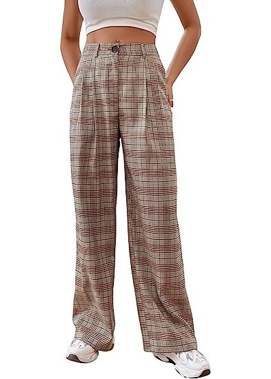 Women's Casual Plaid Print Pants High Waist Wide Leg Pleated Trouser Pants