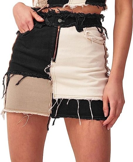 Womens Fashion Mid-Rise Color Blocking Patchwork Ripped Stretch Denim Skirts